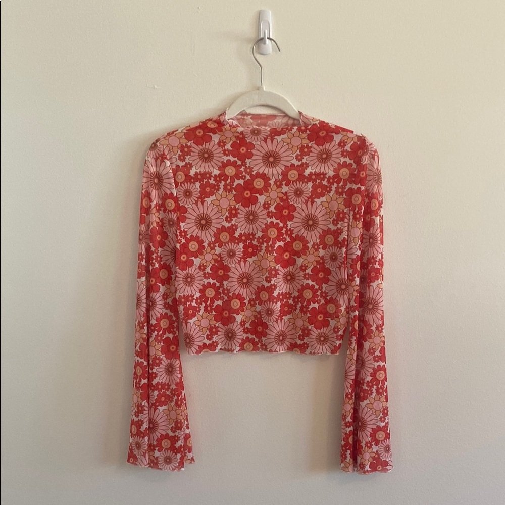 Verdusa Mesh Red Long Sleeve Women's Top with bell sleeves‎